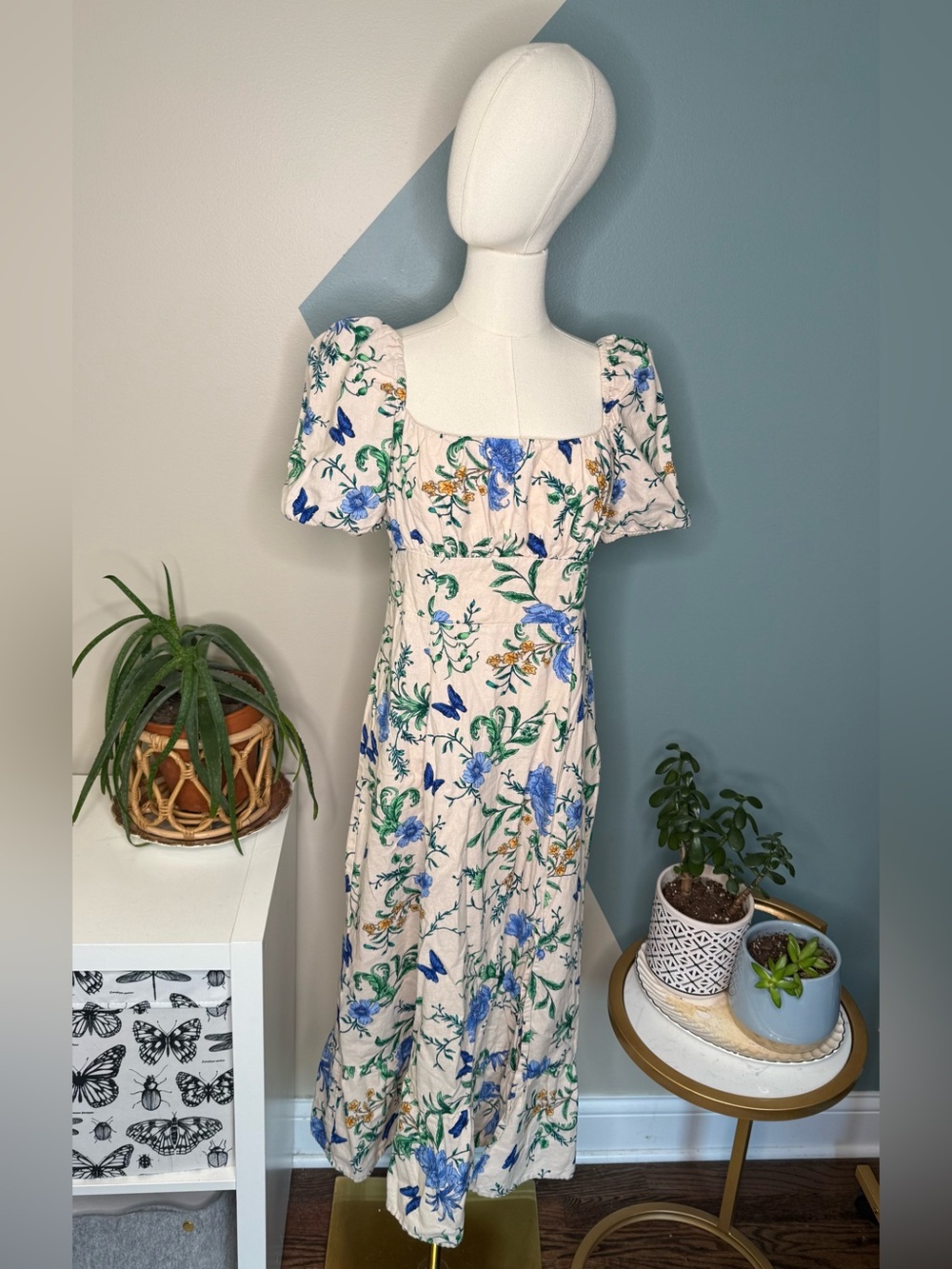 Floral Butterfly Linen Blend Midi Dress Puff Sleeve Autumn Wedding Guest Size 8 - Picture 2 of 11